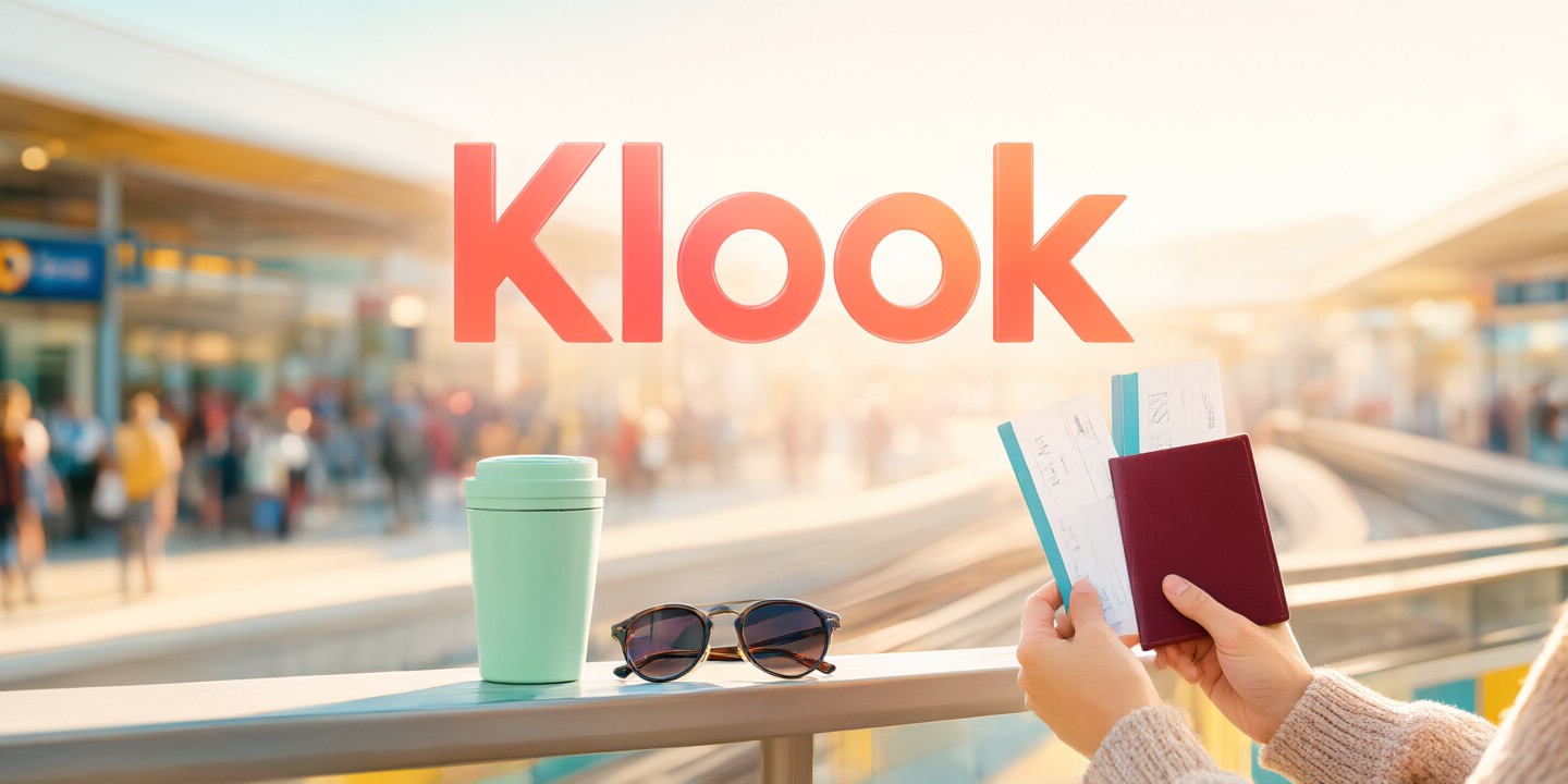 Klook Travel Deals Guide for Asia Trips A traveler holding a smartphone displaying the Klook app interface while standing in front of iconic Asian landmarks.