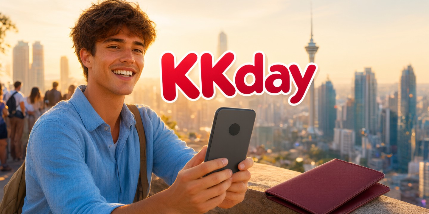 KKday Travel Deals: Japan, Korea & Asia Experiences A traveler holding a smartphone displaying the KKday app interface in front of a scenic Asian landmark