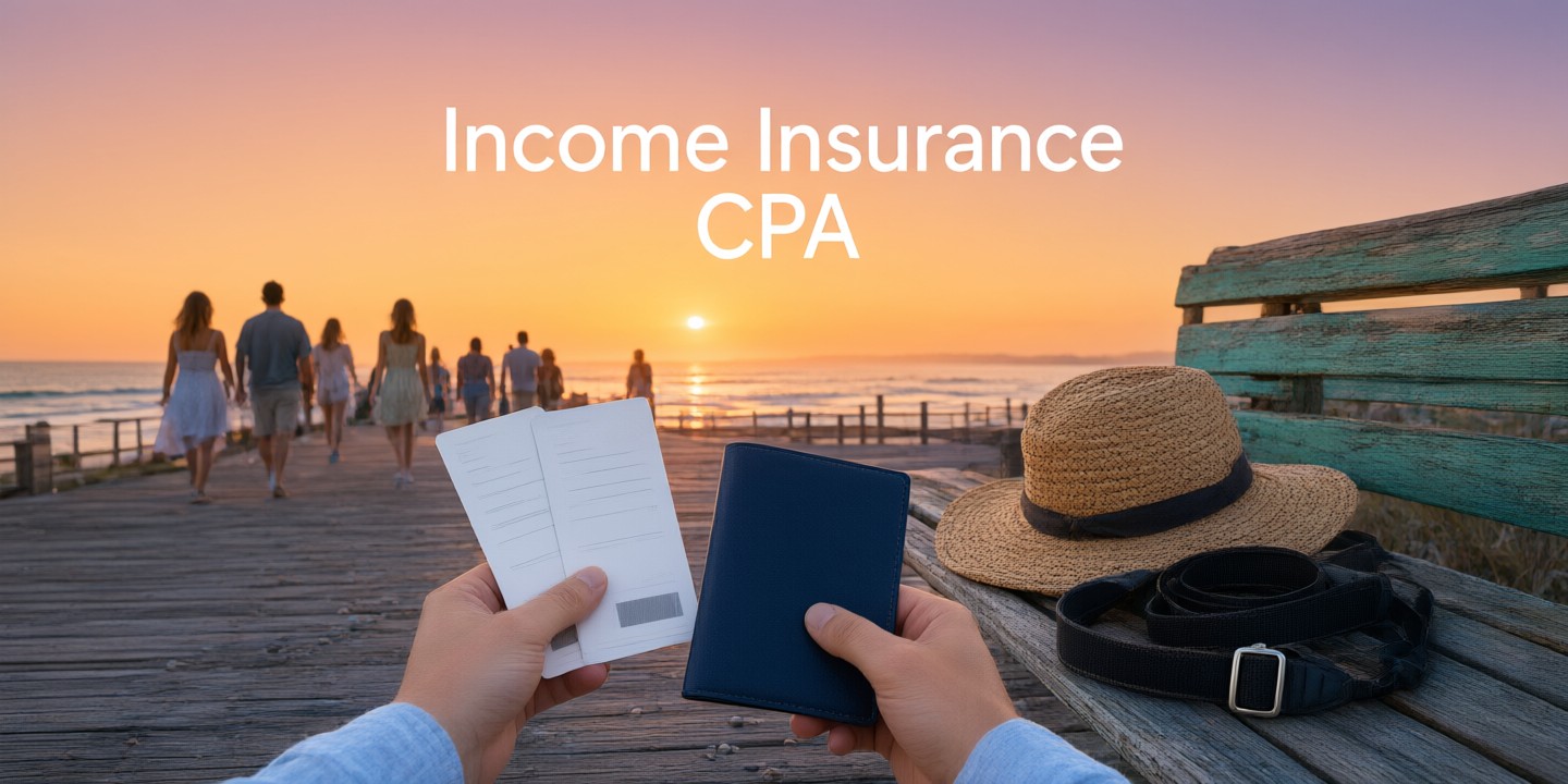 Income Insurance Limited: Smart Travel Protection Deals A traveler checking their smartphone for policy details while standing at an airport departure gate featuring Income Insurance branding.