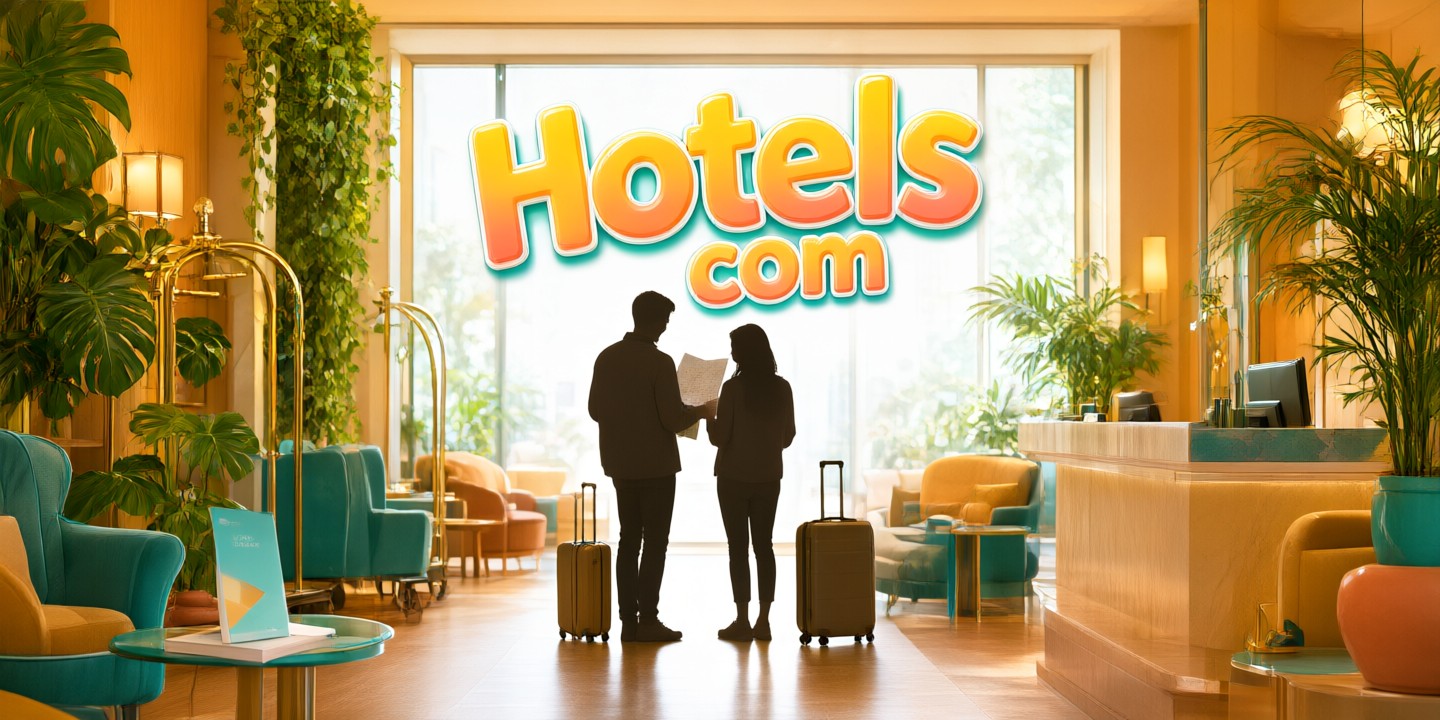 Hotels.com Deals for Global Travelers A traveler checking in at a modern lobby featuring Hotels.com branding.