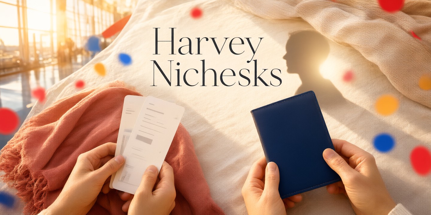 Harvey Nichols Limited-Time Luxury Fashion Offers A curated display of luxury handbags and apparel at Harvey Nichols store windows.