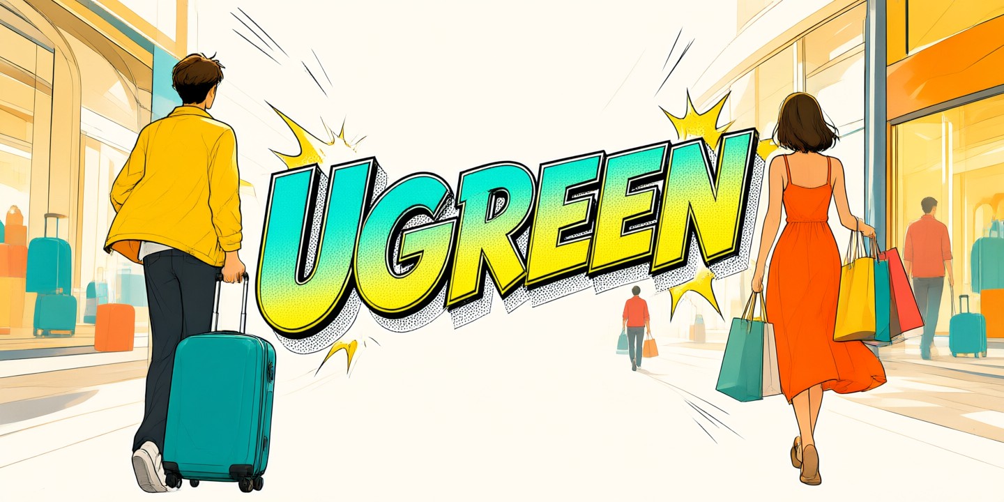 UGREEN Limited-Time Deals for Travel Essentials A traveler using a compact UGREEN power bank to charge a smartphone while exploring a busy airport terminal.