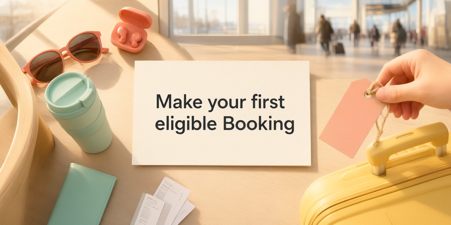 Booking.com Hotel Booking Deals and Travel Tips A traveler checking hotel availability on a smartphone using Booking.com in a modern airport lounge.