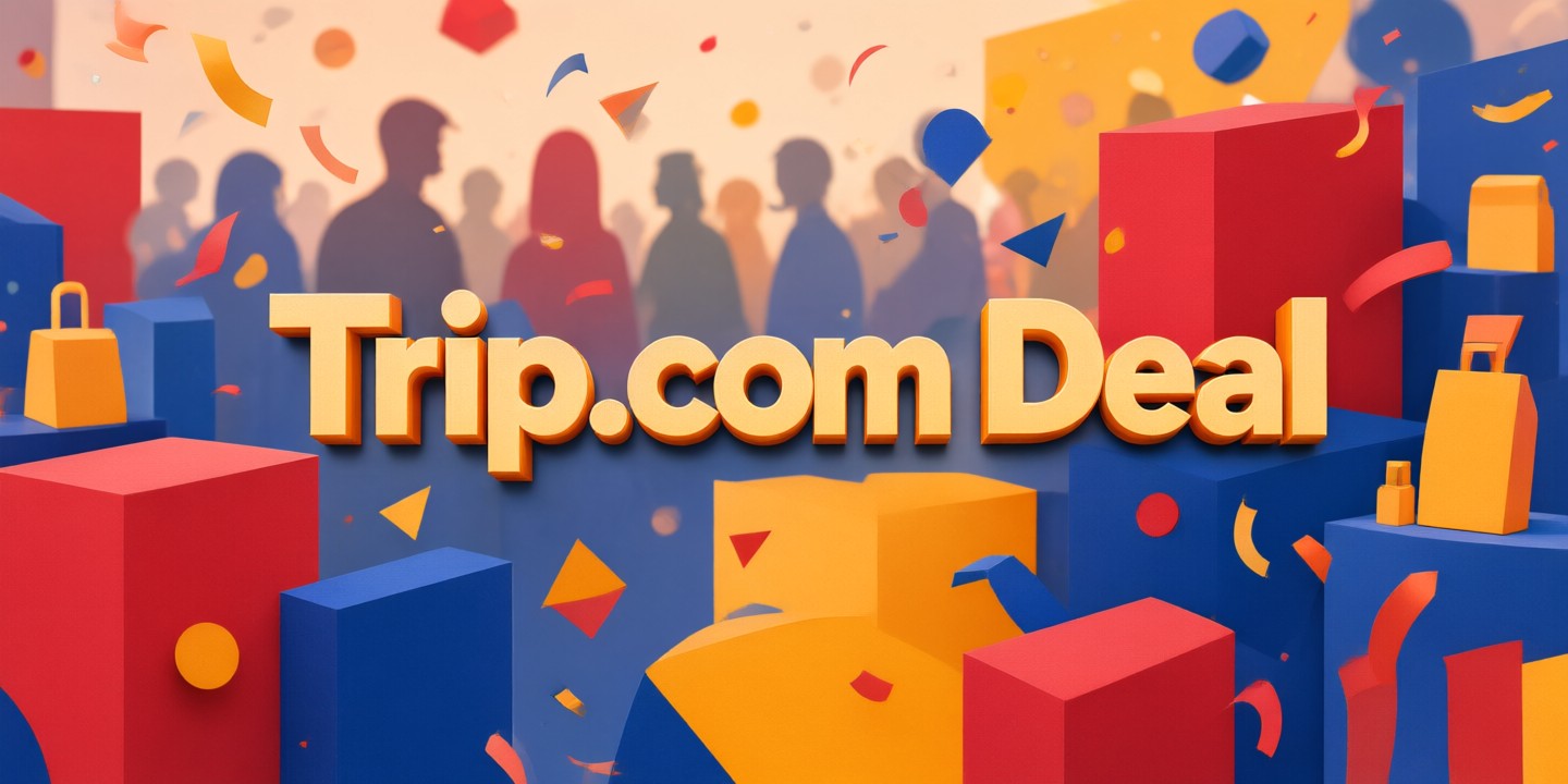 Trip.com Limited-Time Travel Offers for Asia A traveler checking flight options on the Trip.com mobile app against a backdrop of Asian landmarks