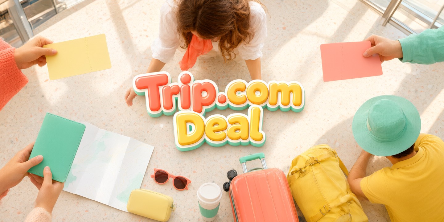 Trip.com Limited-Time Travel Deals for Asia A traveler checking flight options on the Trip.com mobile app interface against a backdrop of Asian landmarks.