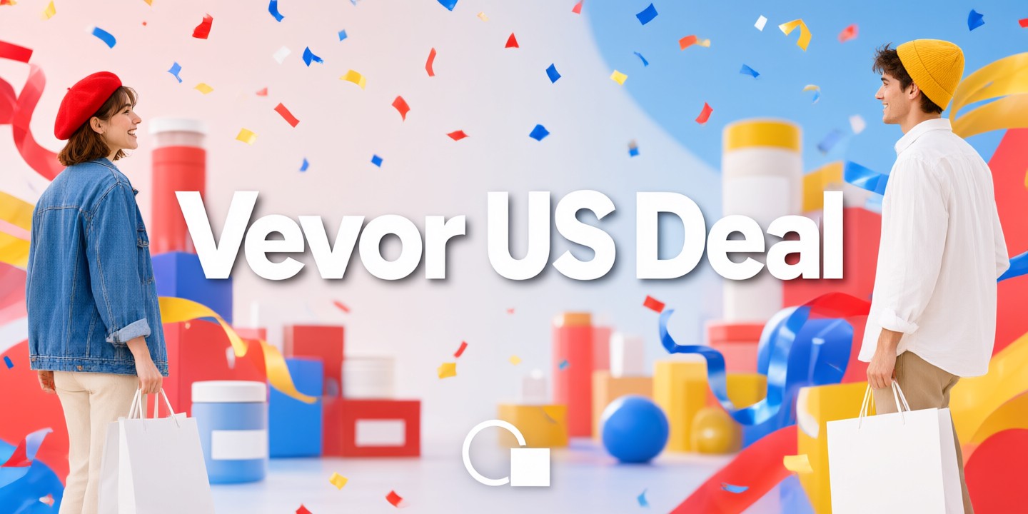 Vevor Deals: Shop Industrial & Home Equipment A modern warehouse setting showcasing various Vevor industrial tools and home appliances ready for shipment.