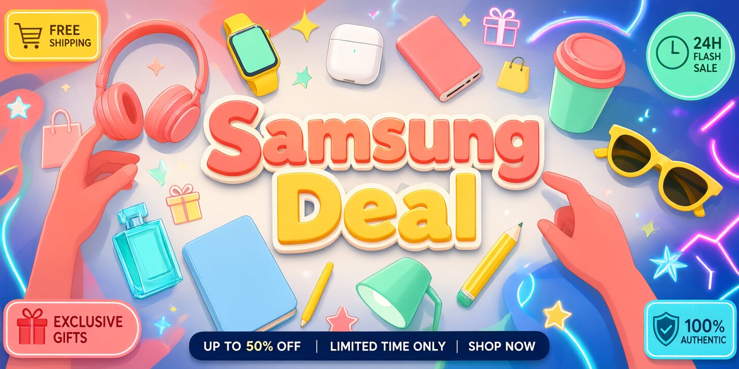 Samsung Electronics Limited-Time Offers and Deals A sleek display of Samsung Electronics products including smartphones and televisions in a modern retail setting.