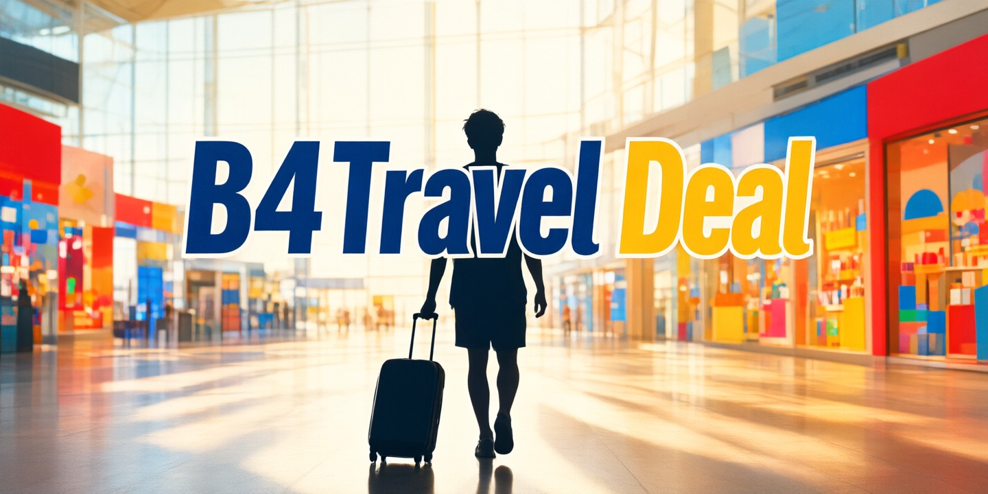 B4Travel Travel eSIM & Phone Card Deals A traveler using a smartphone map while holding a B4Travel phone card package in an airport terminal.