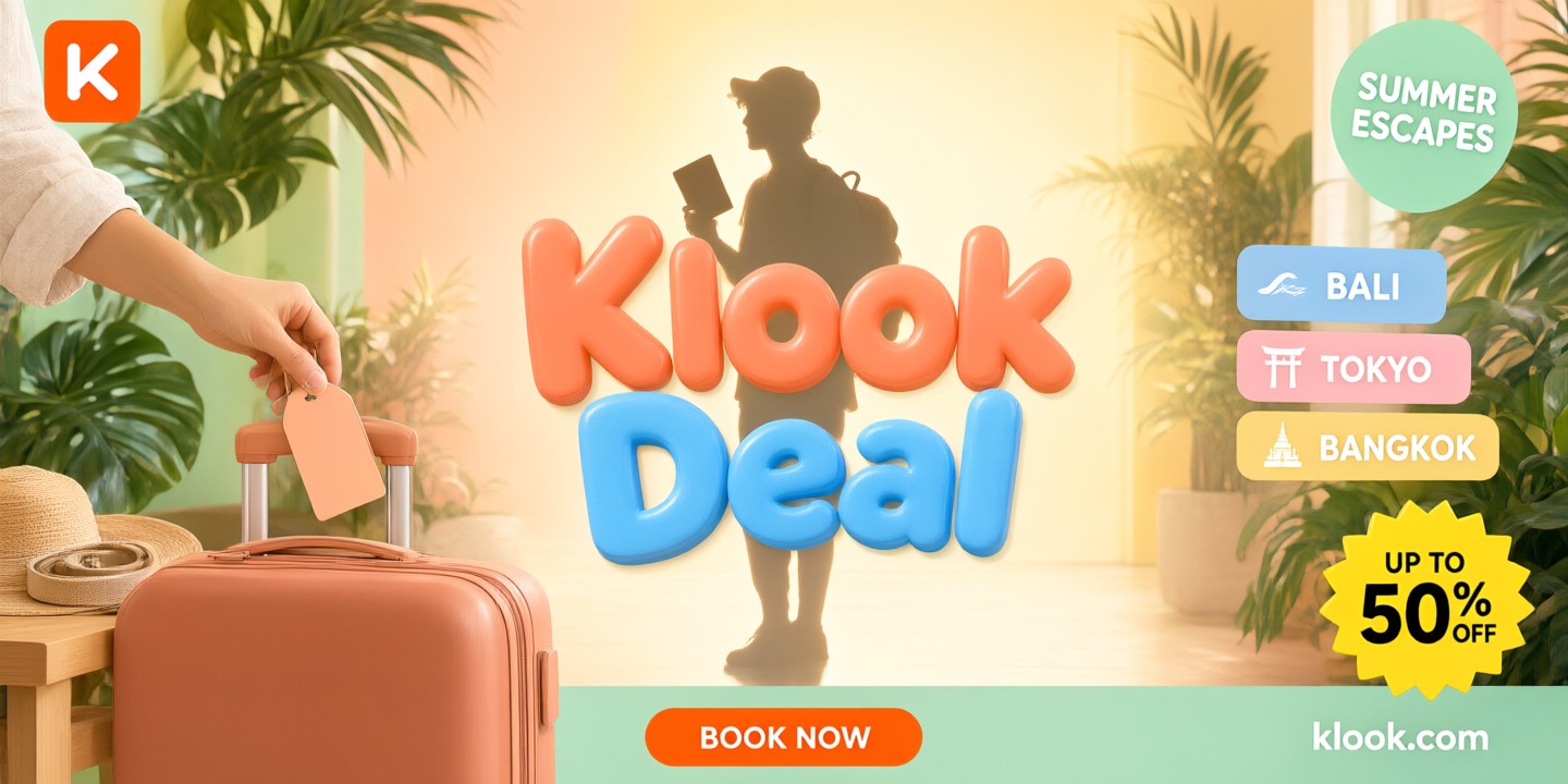 Klook Travel Deals: Top Attractions & Transfers Guide Traveler using the Klook app to book activities in a bustling Asian city square.